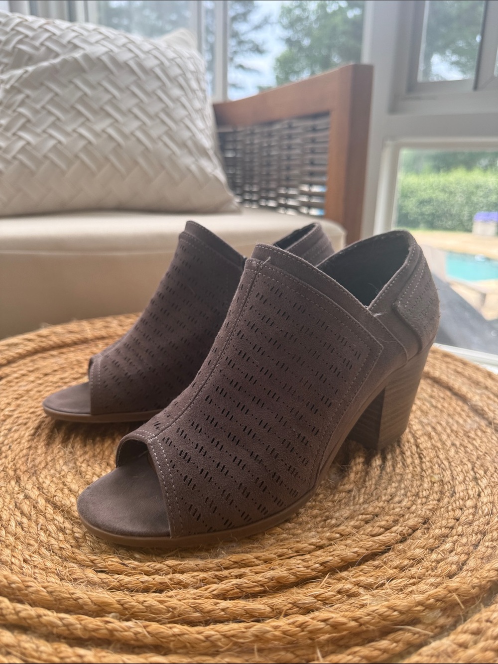 Peep Toe Perforated Ankle Booties | Espresso Brown | Size 7.5